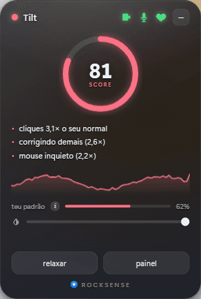 Widget do RockSense em estado de tilt, score 81